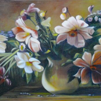 Картина под названием "fleurs" - Christiane Plante, Подлинное произведение искусства, Масло Установлен на Деревянная рама дл…