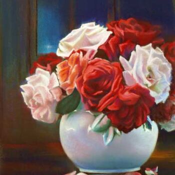 Painting titled "Roses rouges et bla…" by Christiane Plante, Original Artwork, Other