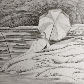 Dessin intitulée "Reghaïa plage" par Christiane Seguin, Œuvre d'art originale, Encre