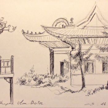 Drawing titled "Ulan Bator - Temple" by Christiane Seguin, Original Artwork, Ballpoint pen