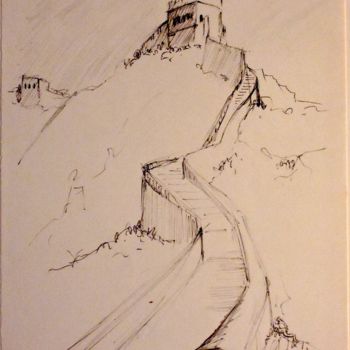 Drawing titled "La Muraille" by Christiane Seguin, Original Artwork, Ballpoint pen