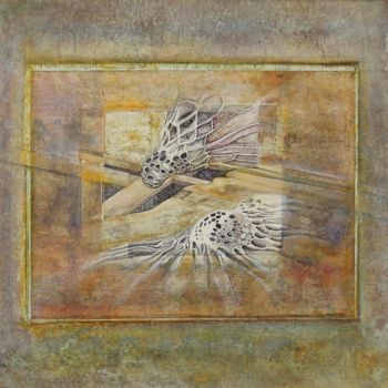 Collages titled "Larve et Structure" by Christiane Seguin, Original Artwork, Collages Mounted on Wood Panel