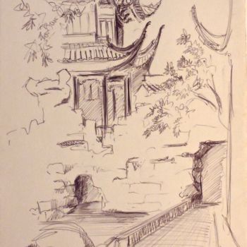 Disegno intitolato "jardin Yu Yuan" da Christiane Seguin, Opera d'arte originale, Biro