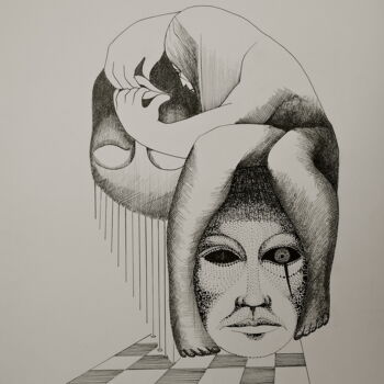 Σχέδιο με τίτλο "Visages" από Christiane Seguin, Αυθεντικά έργα τέχνης, Μελάνι