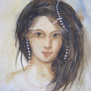 Painting titled "Jeune femme aux per…" by Christiane Borel, Original Artwork, Watercolor