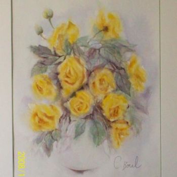 Painting titled "Les roses jaunes" by Christiane Borel, Original Artwork, Watercolor