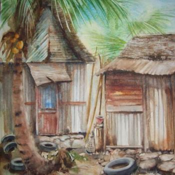 Peinture intitulée "Village de l'île No…" par Christiane Borel, Œuvre d'art originale, Aquarelle