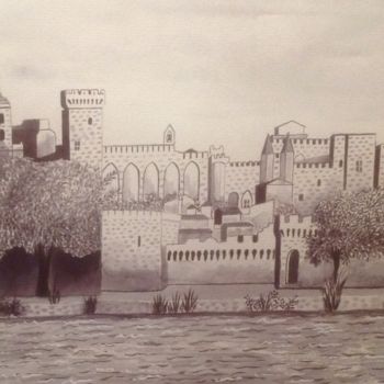 Drawing titled "PALAiS DES PAPES" by Christiane Malet, Original Artwork, Ink