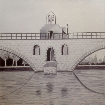 Dessin intitulée "PONT ST BENEZET AVI…" par Christiane Malet, Œuvre d'art originale, Encre