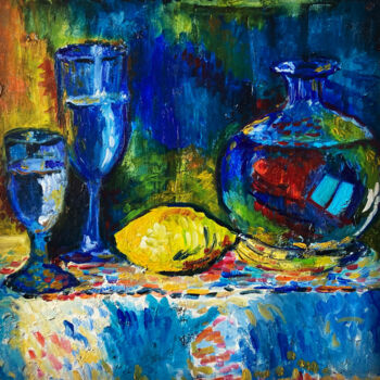 Painting titled "La carafe et le cit…" by Christie Eyraud, Original Artwork, Oil Mounted on Wood Stretcher frame