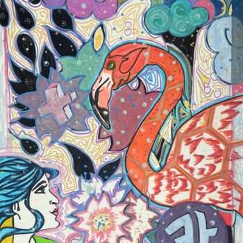 绘画 标题为“Whatu Flamingo card” 由Christin Cameron, 原创艺术品, 丙烯 安装在木质担架架上
