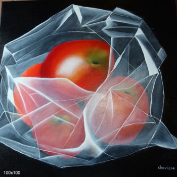 Painting titled "pommes en sachet" by Christine Chevieux, Original Artwork, Oil Mounted on Wood Stretcher frame