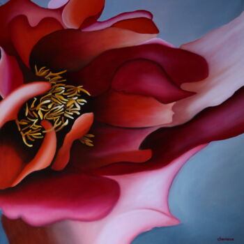 Painting titled "fleur rouge" by Christine Chevieux, Original Artwork, Oil Mounted on Wood Stretcher frame