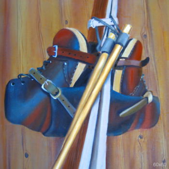 Schilderij getiteld "Vieux skis" door Christine Chevieux, Origineel Kunstwerk, Olie