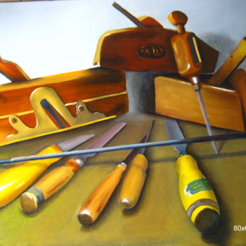 Картина под названием "Vieux outils du bois" - Christine Chevieux, Подлинное произведение искусства, Масло