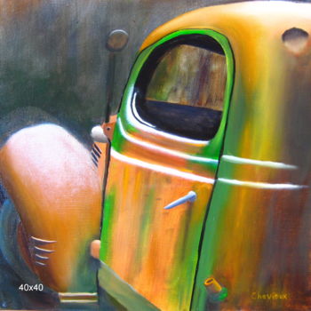 Painting titled "vieille voiture ver…" by Christine Chevieux, Original Artwork, Oil Mounted on Wood Stretcher frame
