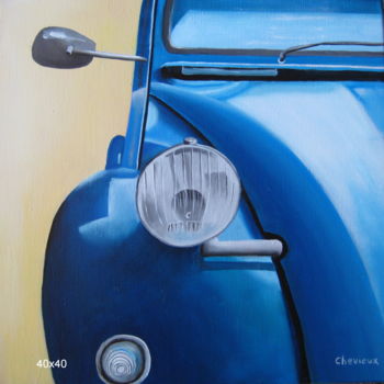 Painting titled "2 CV" by Christine Chevieux, Original Artwork, Oil Mounted on Wood Stretcher frame