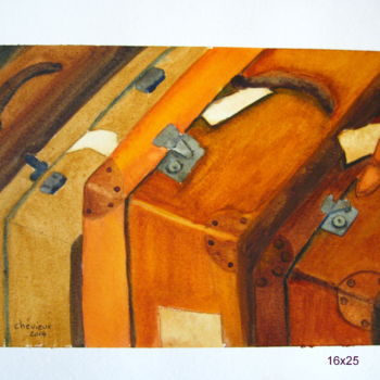 Ζωγραφική με τίτλο "vieilles valises" από Christine Chevieux, Αυθεντικά έργα τέχνης, Ακουαρέλα