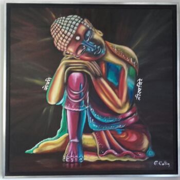 Painting titled "Le bouddha" by Christine Collin, Original Artwork, Oil Mounted on Wood Stretcher frame