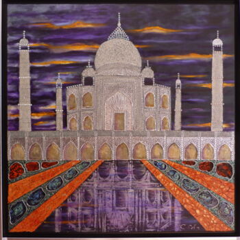 「Le Taj Mahal」というタイトルの絵画 Christine Collinによって, オリジナルのアートワーク, 漆器 ウッドストレッチャーフレームにマウント