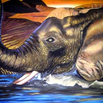 Painting titled "L'éléphant" by Christine Collin, Original Artwork, Oil Mounted on Wood Stretcher frame