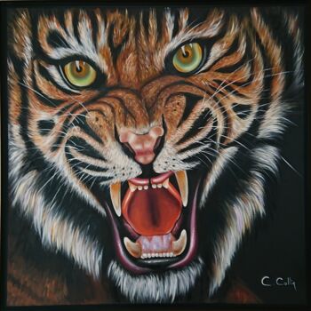 Painting titled "Mon tigre" by Christine Collin, Original Artwork, Oil Mounted on Wood Stretcher frame
