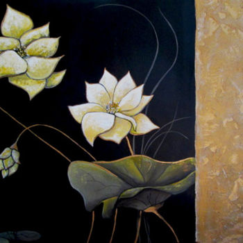 Painting titled "golden-lotus" by Christine Coscioli, Original Artwork, Acrylic
