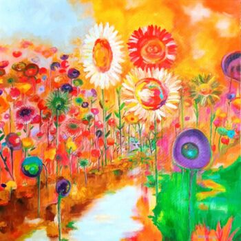Pintura intitulada "Fleurs psychédéliqu…" por Christine Desplanque, Obras de arte originais, Óleo Montado em Armação em made…