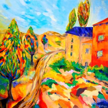 Painting titled "Hameau d occitanie" by Christine Desplanque, Original Artwork, Oil Mounted on Wood Stretcher frame