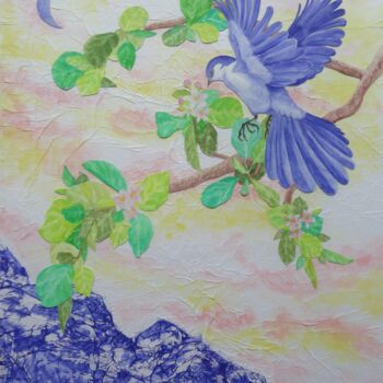 Peinture intitulée "oiseau bleu" par Christine Jumaucourt, Œuvre d'art originale, Aquarelle Monté sur Autre panneau rigide