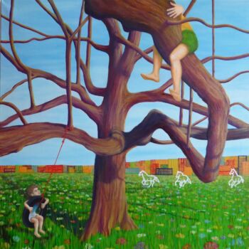 Malarstwo zatytułowany „dans l'arbre” autorstwa Christine Jumaucourt, Oryginalna praca, Olej Zamontowany na artwork_cat.