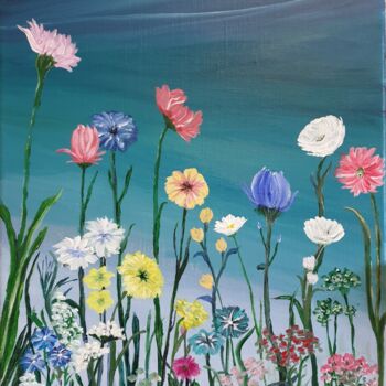 Painting titled "Champs de fleurs" by Christine Lavialle, Original Artwork, Acrylic