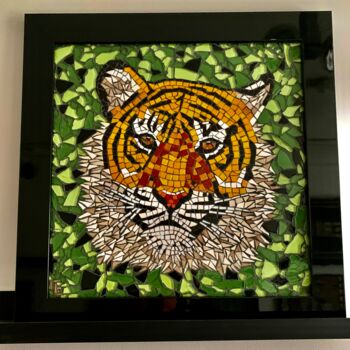 Sculpture titled "Tigre en mosaïque.…" by Christine Louchet, Original Artwork, Mosaic Mounted on Wood Panel