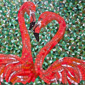 "Flamants roses" başlıklı Heykel Christine Louchet tarafından, Orijinal sanat, Mozaik Ahşap panel üzerine monte edilmiş