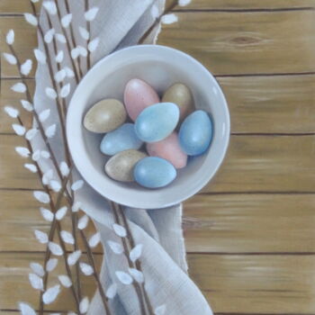 Peinture intitulée ""les oeufs de Pâque…" par Christine Mergnat, Œuvre d'art originale, Pastel