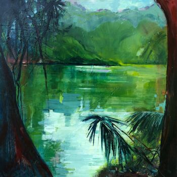 Painting titled "Reflet turquoise au…" by Christine Morineau, Original Artwork, Oil