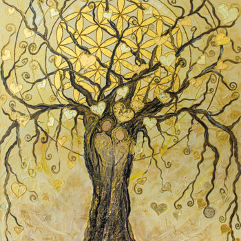 Malerei mit dem Titel "Lebensbaum-das gold…" von Energiebilder Christine Schölzhorn, Original-Kunstwerk, Acryl