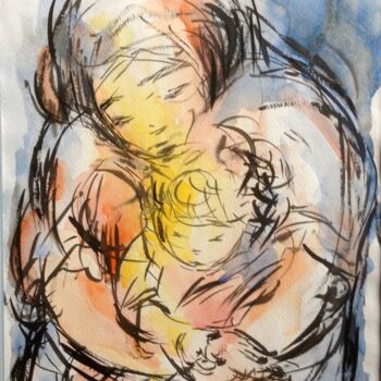 Schilderij getiteld "mère et enfant" door Christine Trova, Origineel Kunstwerk, Inkt