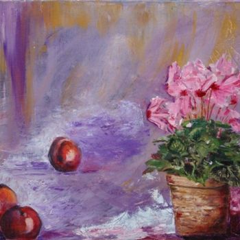 Painting titled "POMMES ET CYCLAMEN" by Christine Lorenzo, Original Artwork, Oil