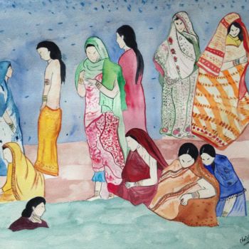 Painting titled "Femmes indiennes" by Christine Bourg, Original Artwork, Watercolor