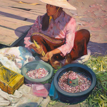 Peinture intitulée "Marchande birmane" par Christophe Binse, Œuvre d'art originale, Huile