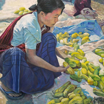 Peinture intitulée "Vendeuse birmane" par Christophe Binse, Œuvre d'art originale, Huile