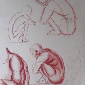 Disegno intitolato "Etude homme accroupi" da Christophe Clement, Opera d'arte originale, Pastello
