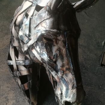 Sculpture titled "Tête de cheval" by Christophe Milcent, Original Artwork, Metals