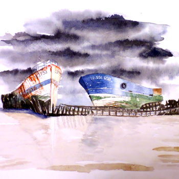 Schilderij getiteld "cimetière de bateau…" door Christophe Rinaldi, Origineel Kunstwerk, Aquarel