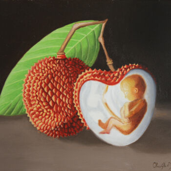 Painting titled "litchi" by Christophe Stephan Durand, Original Artwork, Oil Mounted on Wood Stretcher frame