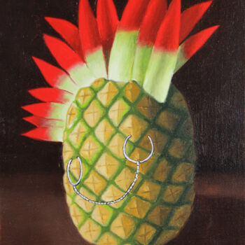Painting titled "Ananas punk" by Christophe Stephan Durand, Original Artwork, Oil Mounted on Wood Stretcher frame