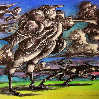 Dibujo titulada "Chasseur au tromblon" por Christophe Gol, Obra de arte original, Tinta