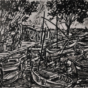 Painting titled "Barques" by Christophe Gol, Original Artwork, Ink