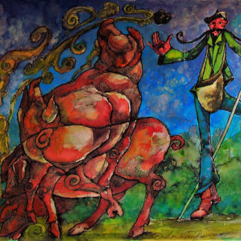 Painting titled "Cochon à truffes" by Christophe Gol, Original Artwork, Ink